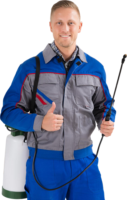 Pest control technician holding a sprayer and giving a thumbs up